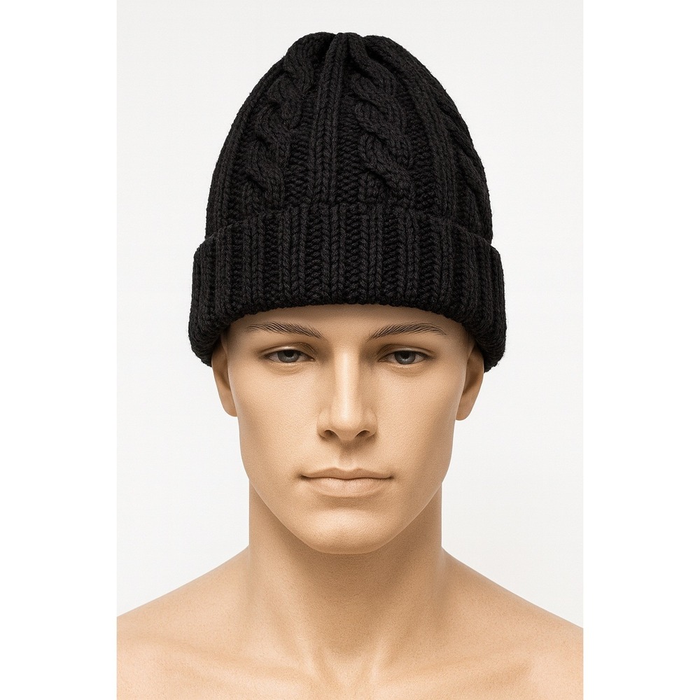 Time & Tru Black Cable Knit Beanie Hat Faux Fur Lined Warm Winter Cap One Size